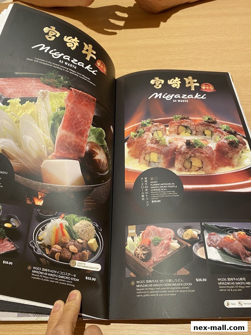 A menu featuring premium Miyazaki A5 Wagyu beef dishes, including steak, sushi, and udon.