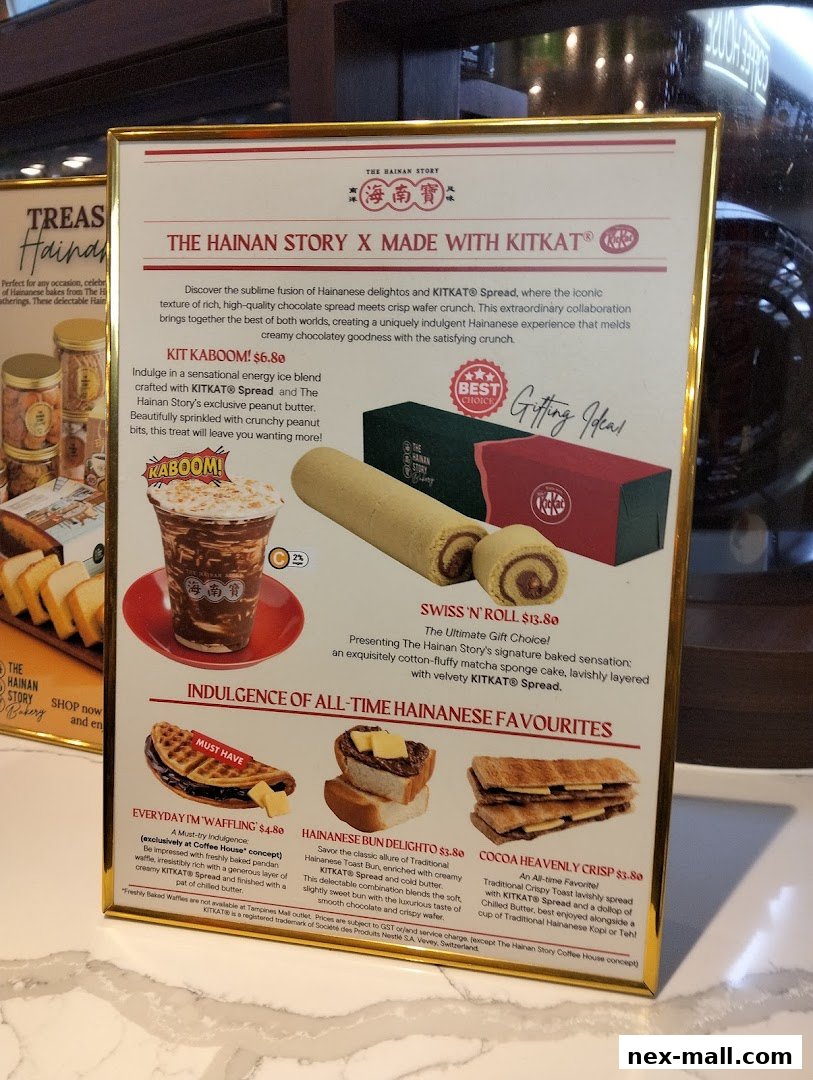A menu board showcasing Hainanese delights and KitKat collaborations, featuring drinks and baked goods.