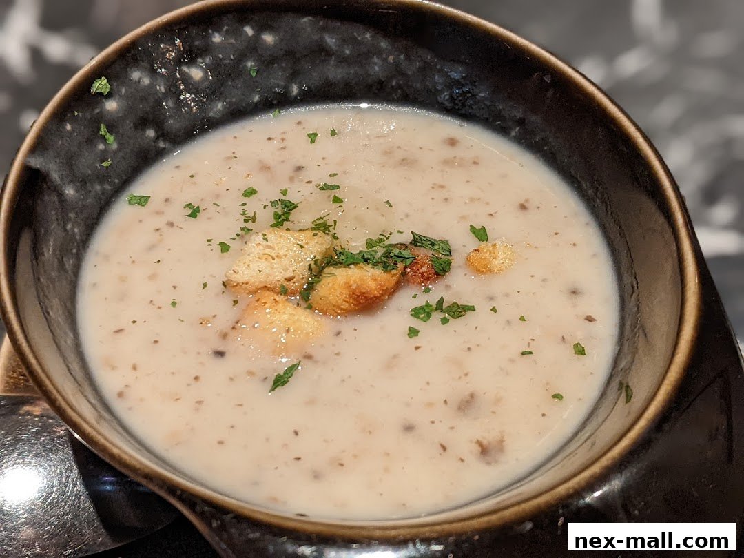 A close-up shot of a creamy mushroom soup in a dark bowl, garnished with croutons and parsley.
