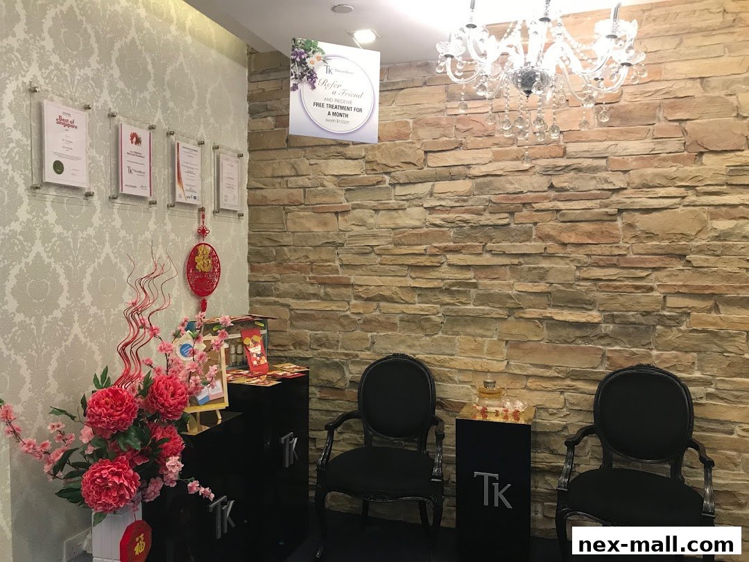 Interior of a hair treatment salon with decorative elements and seating.
