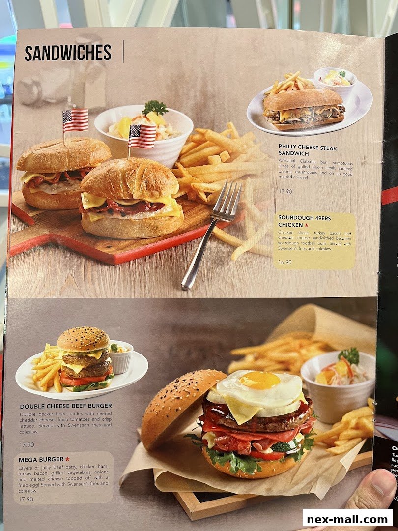 A menu page showcasing sandwiches and burgers with detailed descriptions and prices.