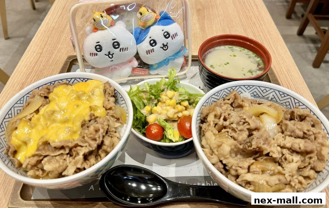 Two bowls of Yoshinoya beef bowls, a salad, and miso soup with cute plush toys.