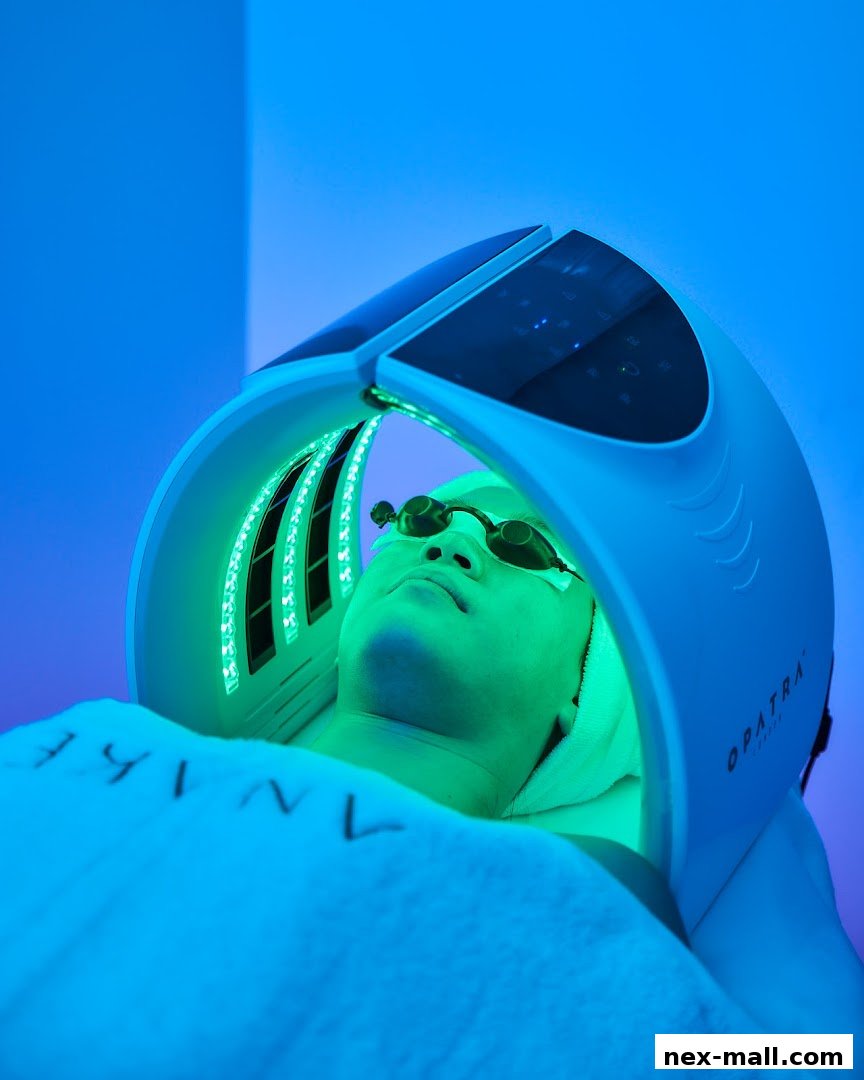A person lies down with protective goggles, undergoing a green LED light therapy treatment.