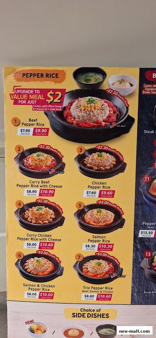 A menu board for Pepper Lunch Express showcasing various pepper rice dishes with prices.