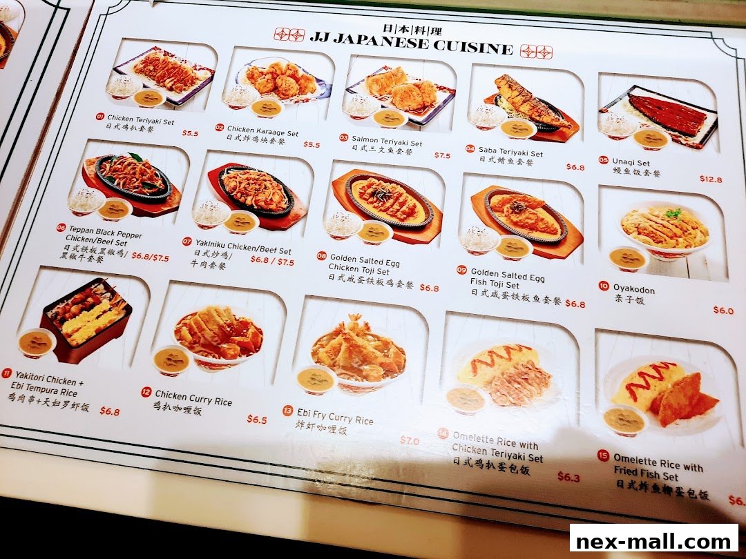 A menu from JJ Japanese Cuisine featuring various sets and rice dishes with prices.
