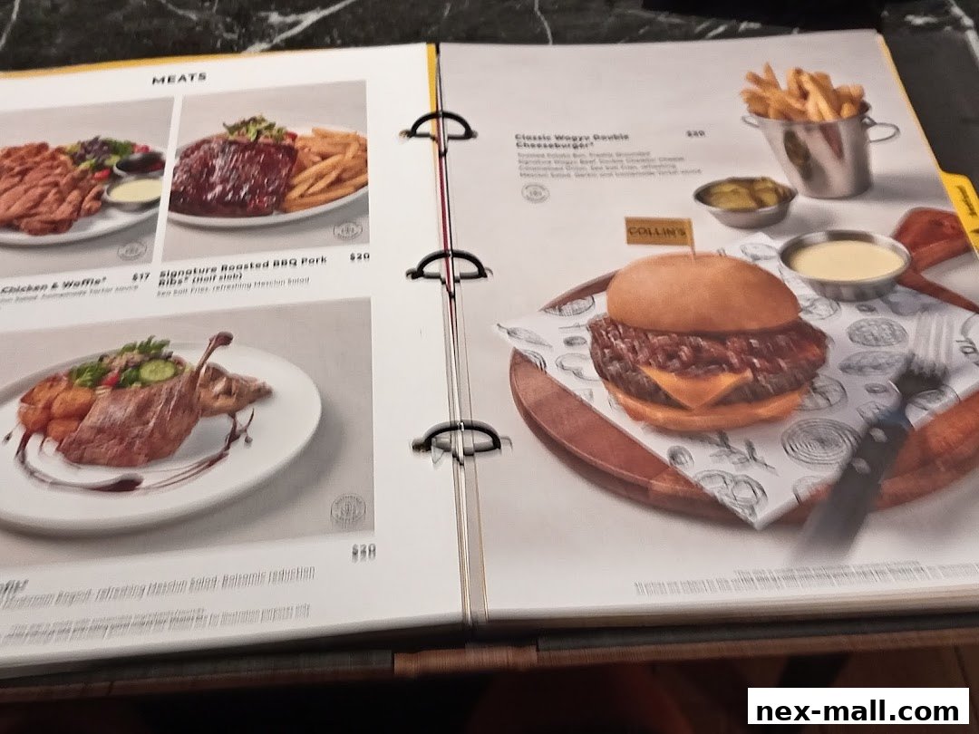 A menu from Collins Nex featuring meats like ribs, chicken, and a double cheeseburger.