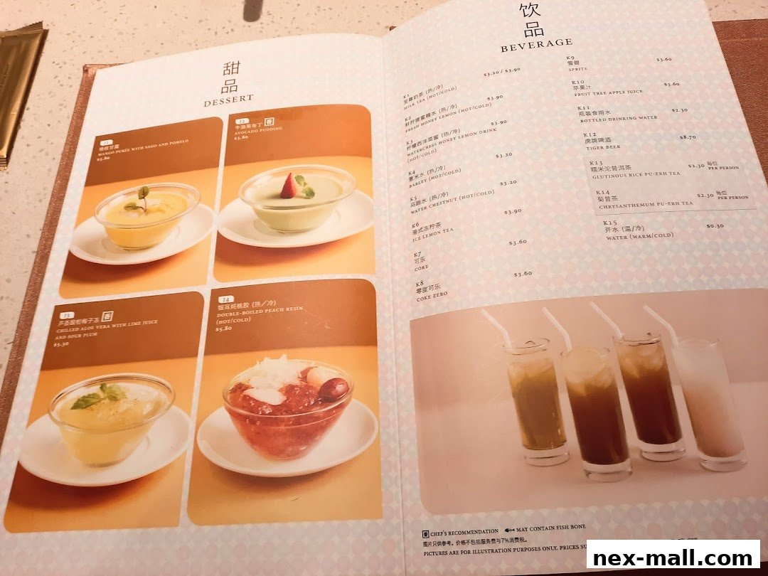 A menu featuring desserts and beverages with accompanying images and prices.