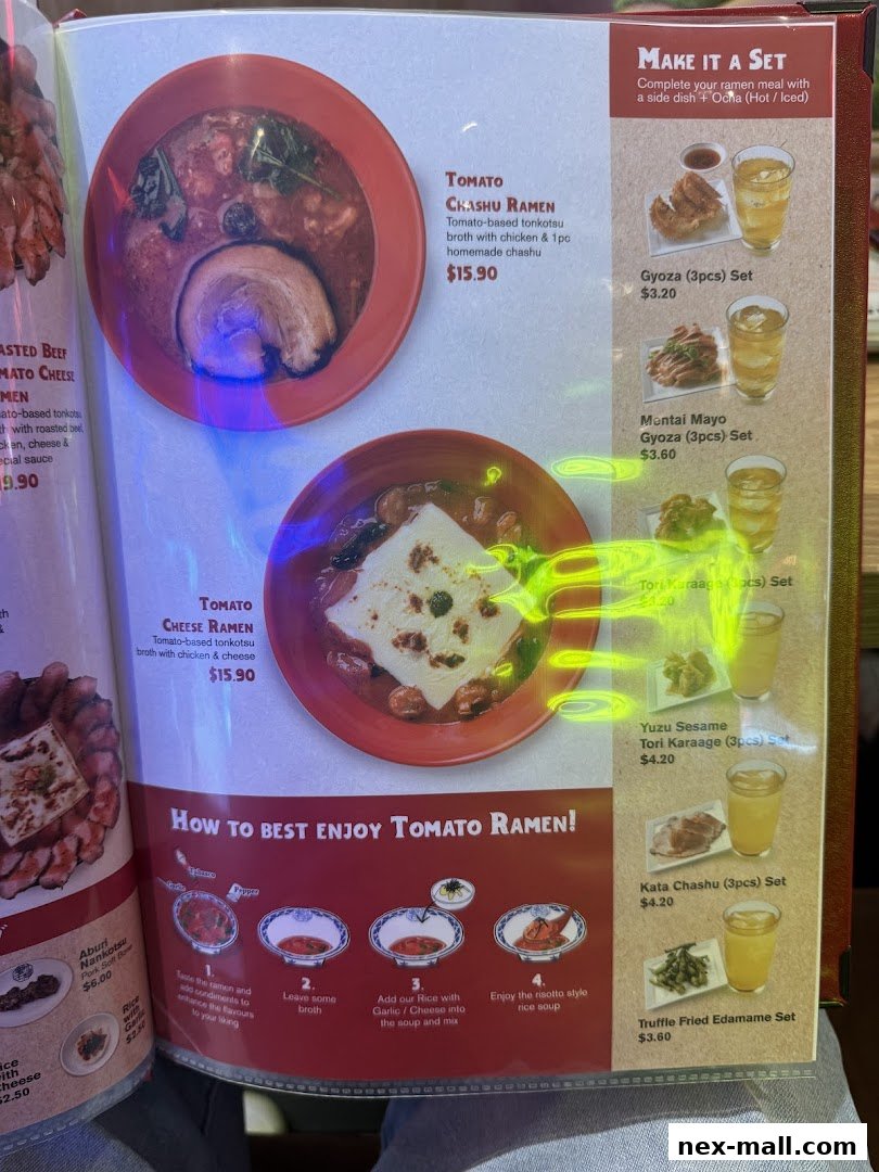 A menu page showcasing different ramen dishes and set meals with accompanying side dishes and drinks.