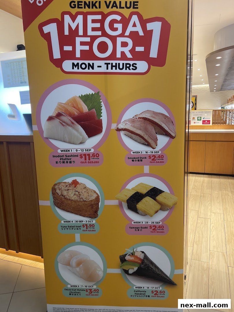 A promotional banner for Genki Sushi's 'Mega 1-for-1' offer featuring various sushi items.
