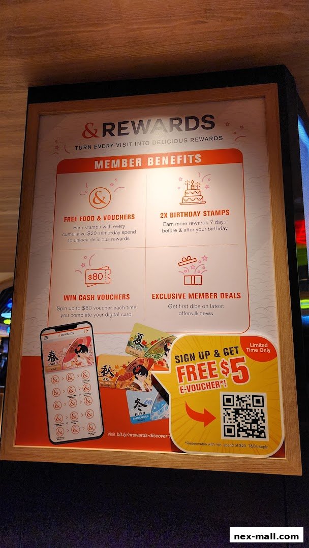 A poster detailing member benefits and rewards for Yakiniku-GO NEX, including free food, vouchers, and birthday stamps.