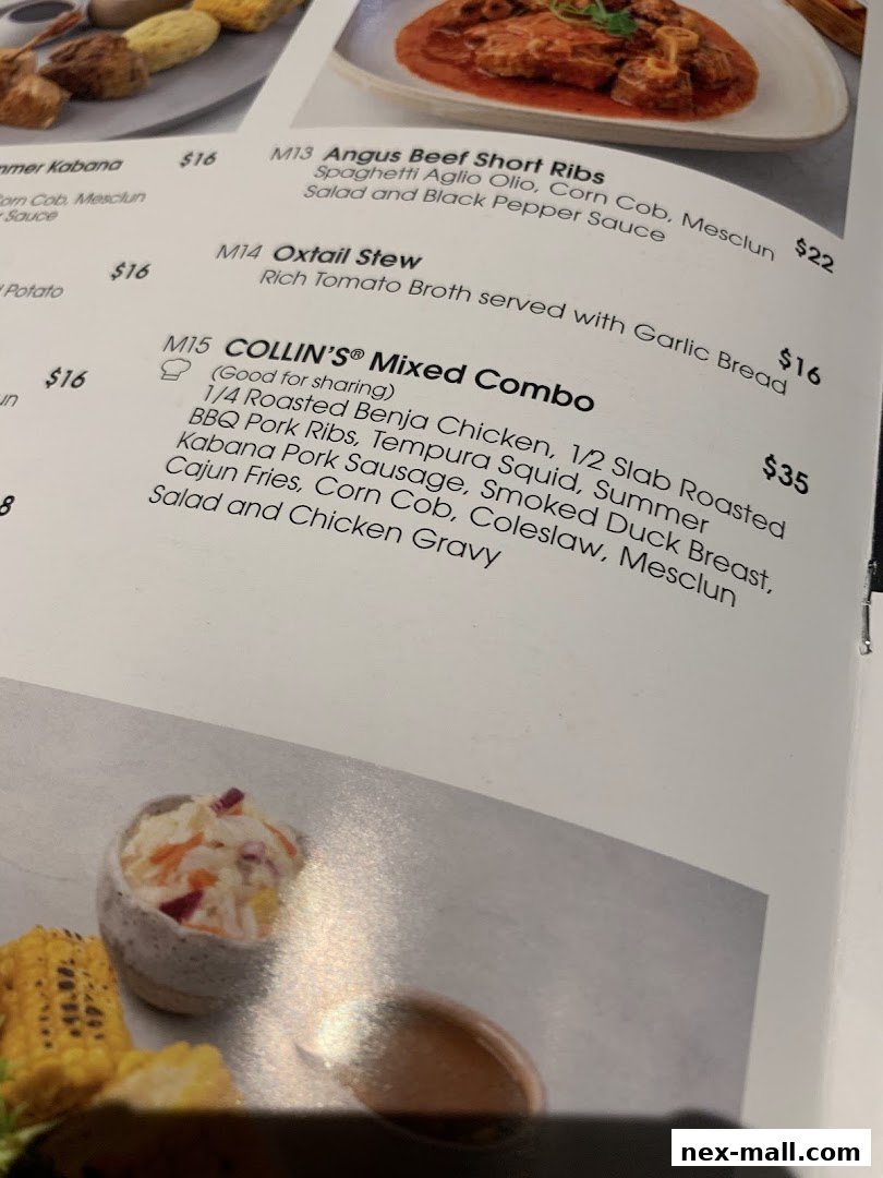 A menu from COLLINS featuring Angus Beef Short Ribs, Oxtail Stew, and a Mixed Combo.