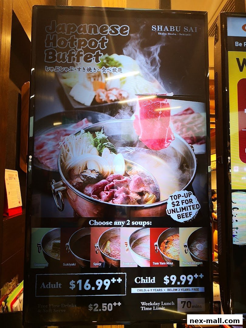 A menu board for Shabu Sai Japanese Hotpot Buffet, showcasing soup options and prices.