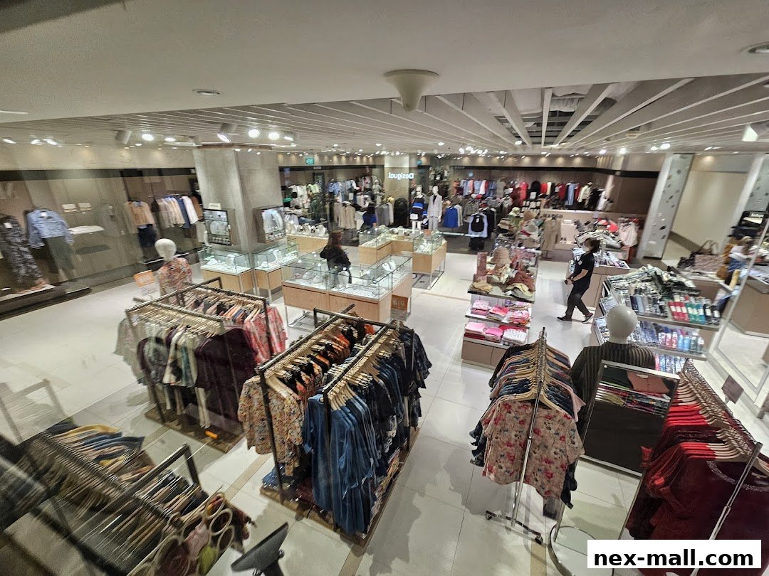 Interior view of a well-lit clothing store with racks of apparel and display cases.