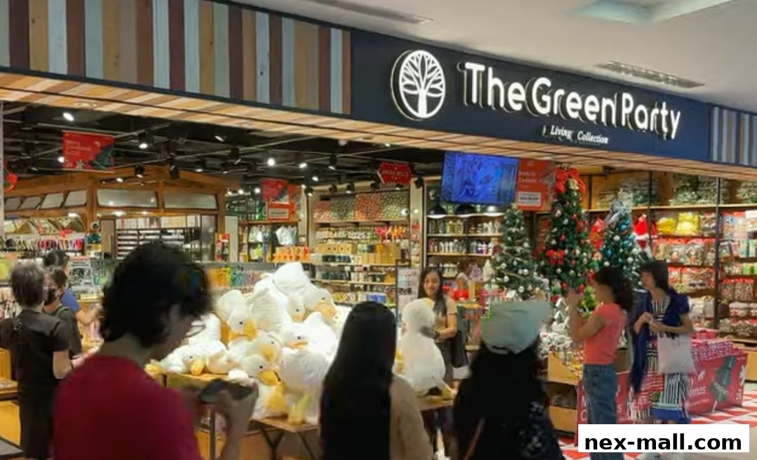 Interior view of The Green Party shop with Christmas decorations and plush toys.