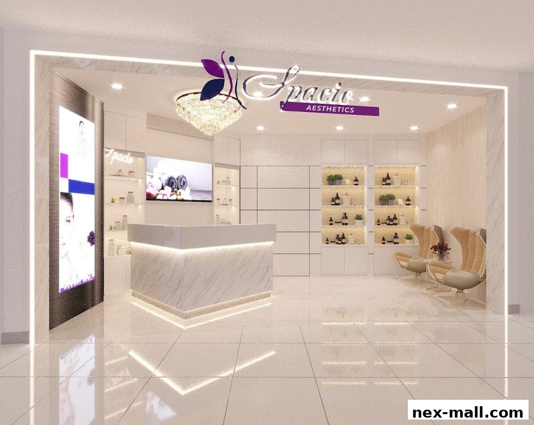 Interior of a modern aesthetics clinic with a reception desk and seating area.