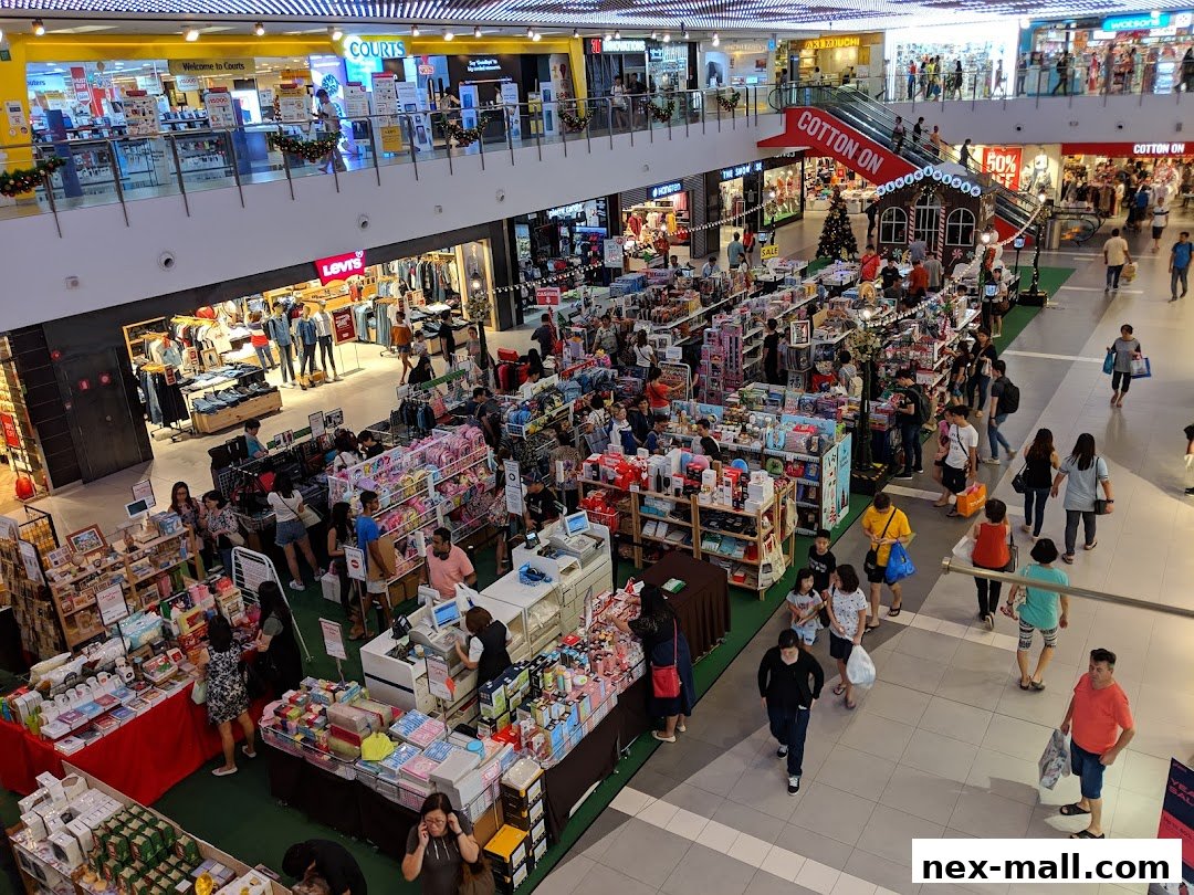 A busy shopping mall with various shops and shoppers browsing merchandise.