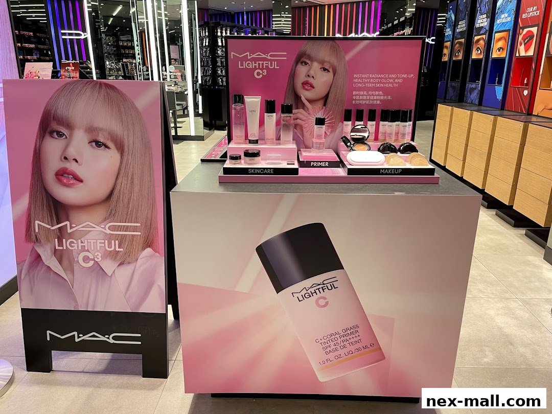 MAC Cosmetics store display featuring Lisa from Blackpink promoting the Lightful C3 skincare and makeup line.