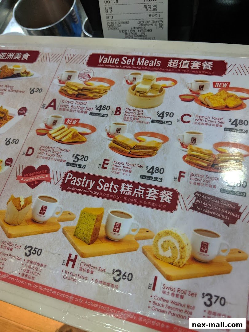 A menu from Ya Kun Kaya Toast featuring value set meals and pastry sets with images and prices.