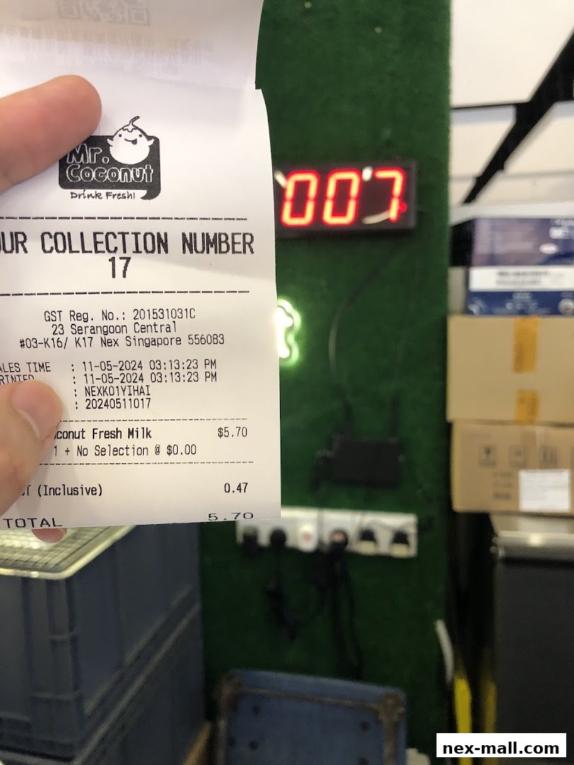 A receipt from Mr. Coconut showing a collection number and purchase details.