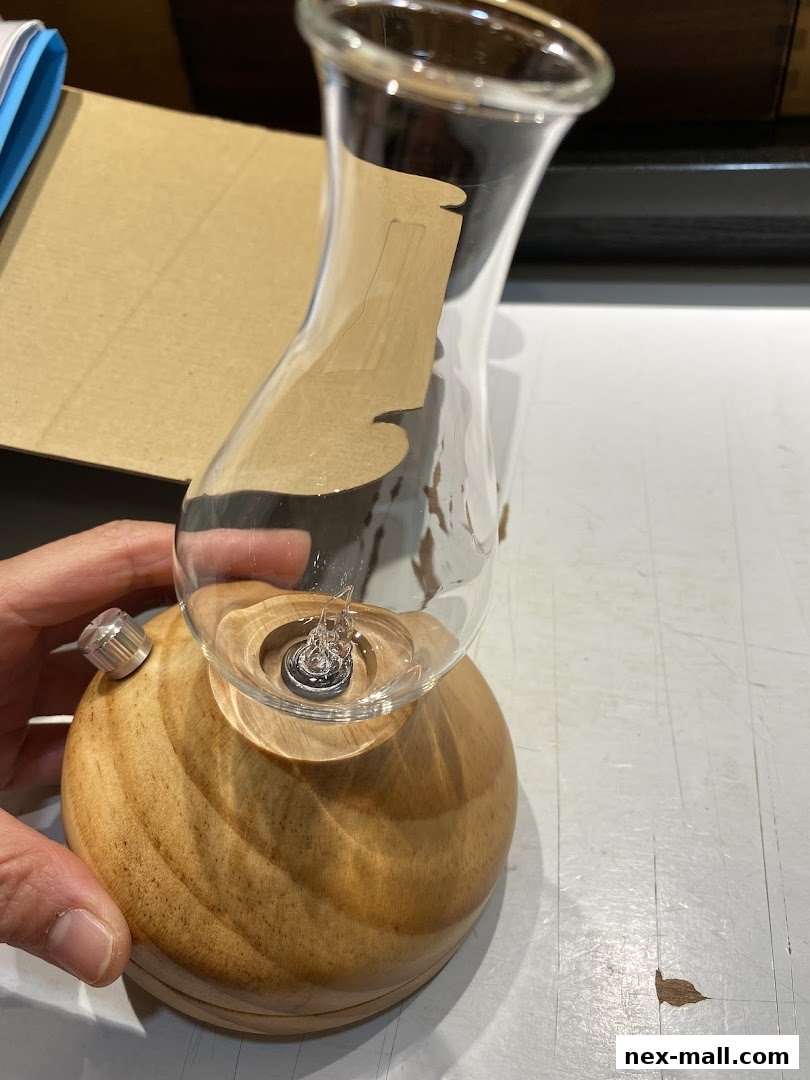 A hand holds a glass diffuser with a wooden base, showcasing its elegant design.