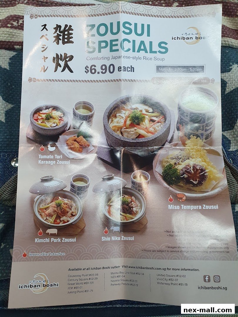 A menu featuring Zousui Specials from Ichiban Boshi, showcasing various rice soup dishes.