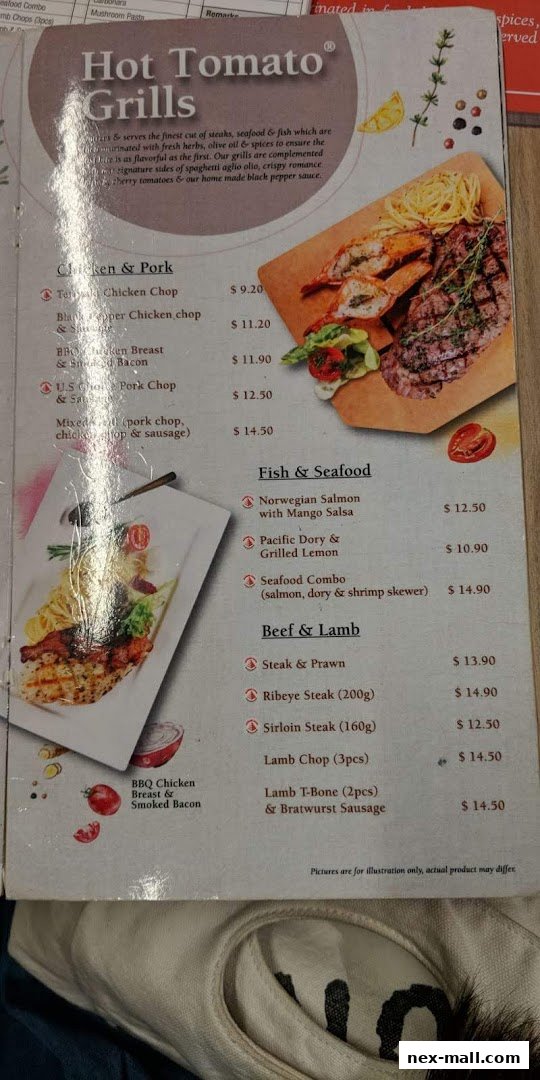 A menu from Hot Tomato Grills featuring steaks, seafood, and chicken dishes.