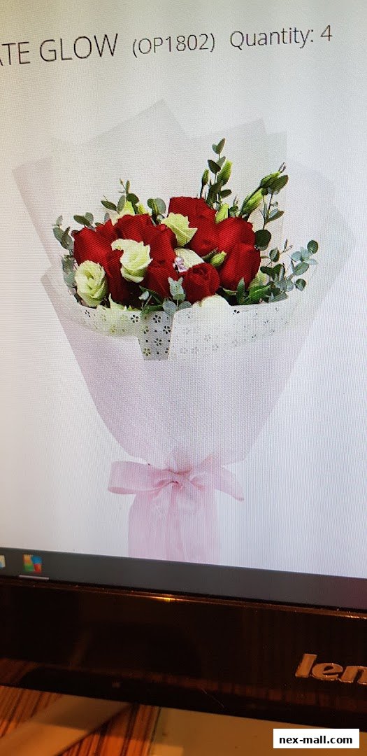 A bouquet of red and white roses with eucalyptus, wrapped in white paper and tied with a pink bow.