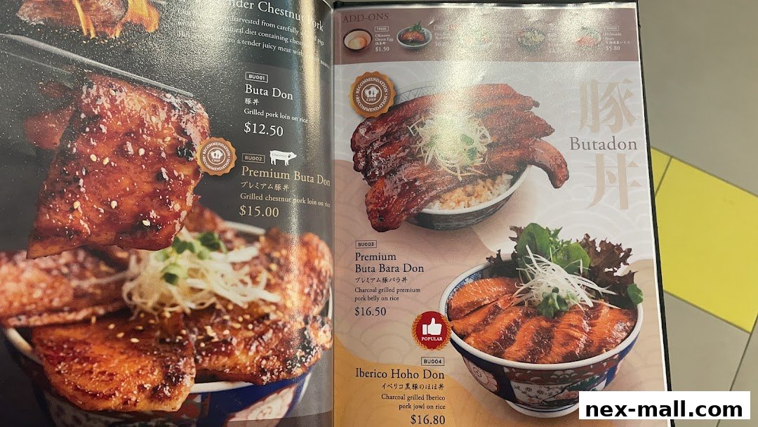 A menu showcasing various grilled pork dishes, including Buta Don and Iberico Hoho Don.