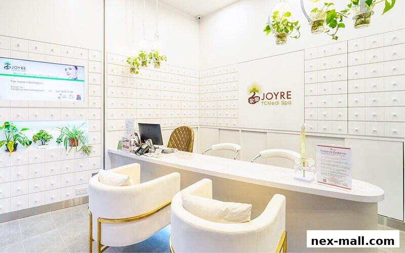 The reception area of Joyre TCMedi Spa, featuring a white counter, plush seating, and decorative elements.