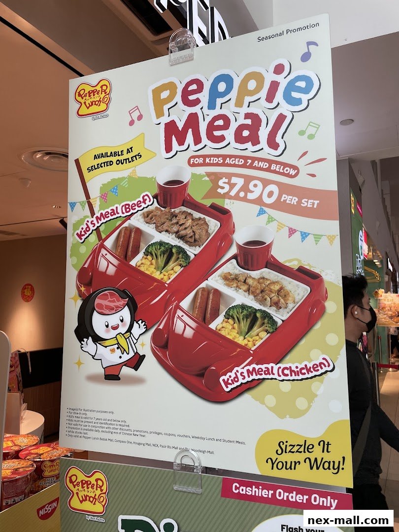 A promotional poster for Pepper Lunch's 'Peppie Meal' for kids, featuring two car-shaped meal trays.