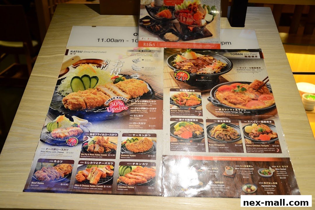 A menu from JOY Japanese Food Street NEX featuring Katsu and Toban dishes.