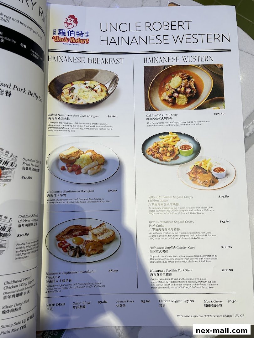 A menu from Uncle Robert Hainanese Western featuring breakfast and main courses.