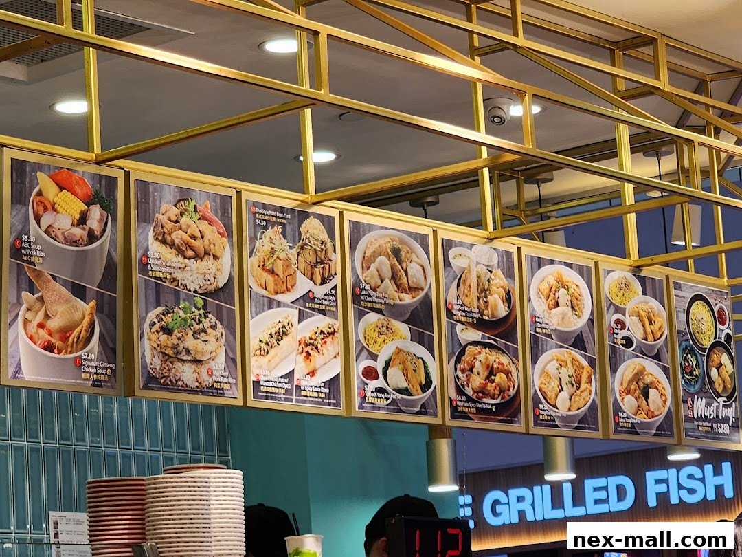 A food stall menu displaying various dishes with prices and images.