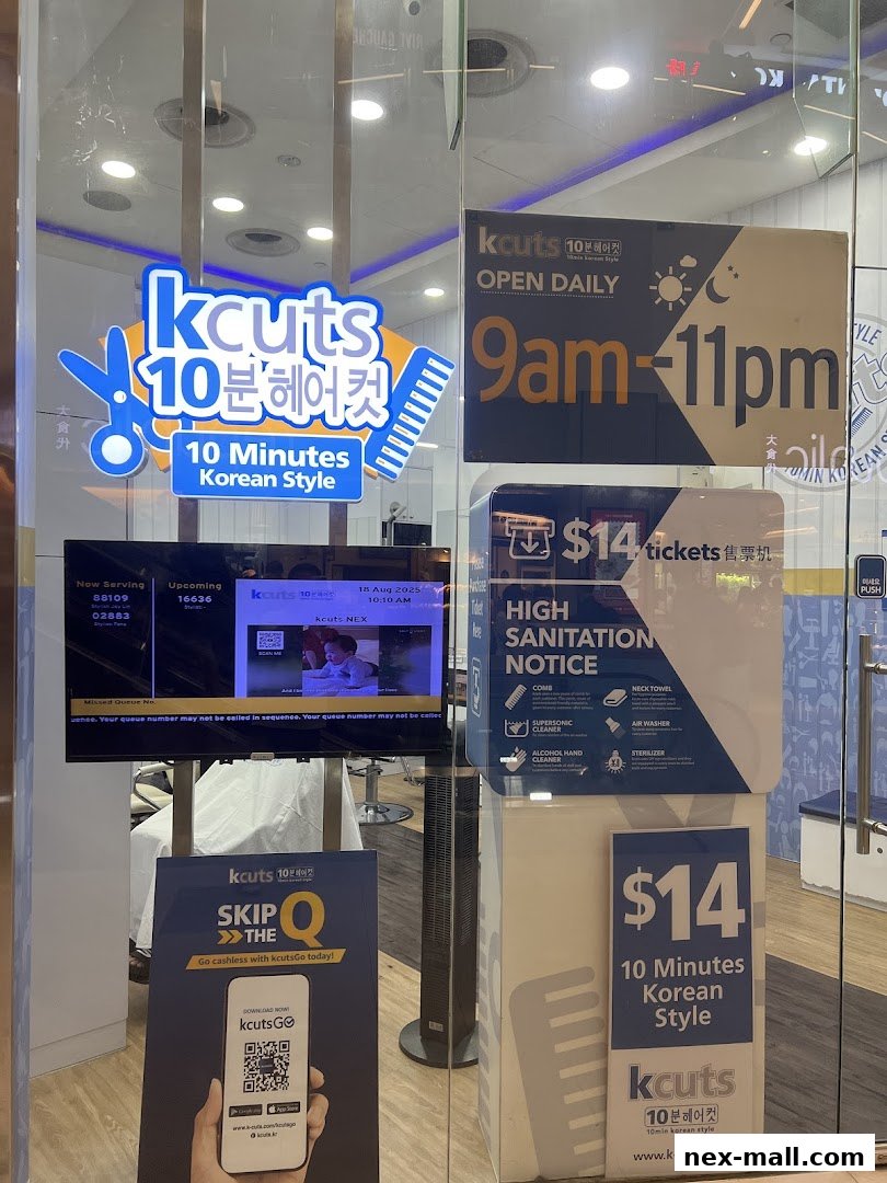 The storefront of kcuts, a Korean hair salon, with operating hours and service promotions displayed.