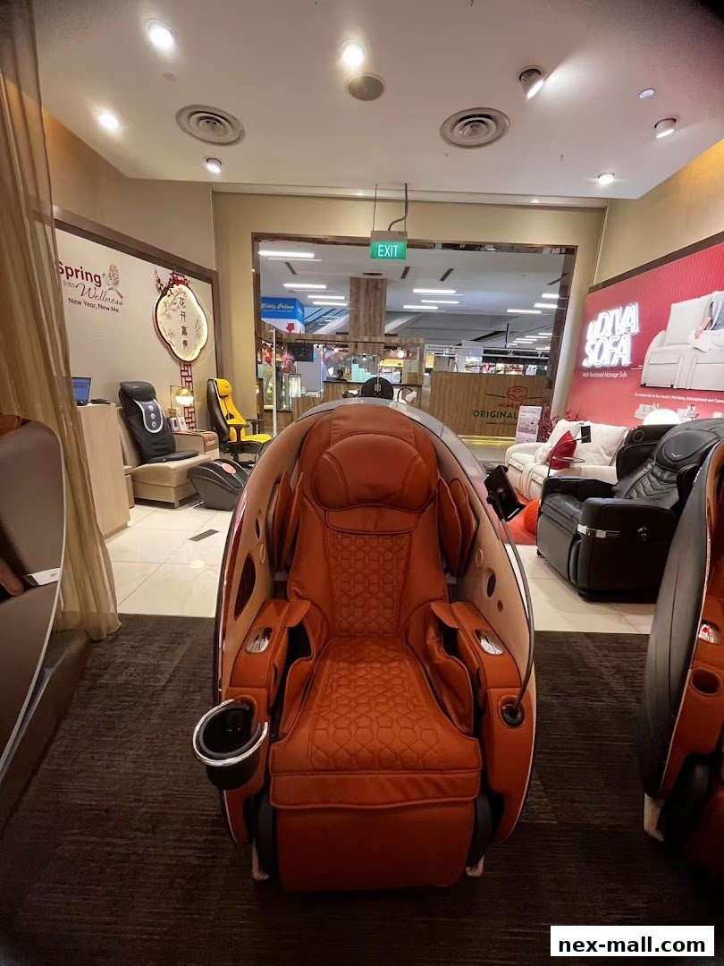 Interior view of an OSIM Nex shop showcasing various massage chairs.