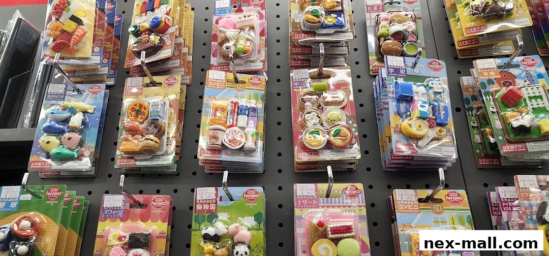 A display of Iwako erasers shaped like various foods and animals.