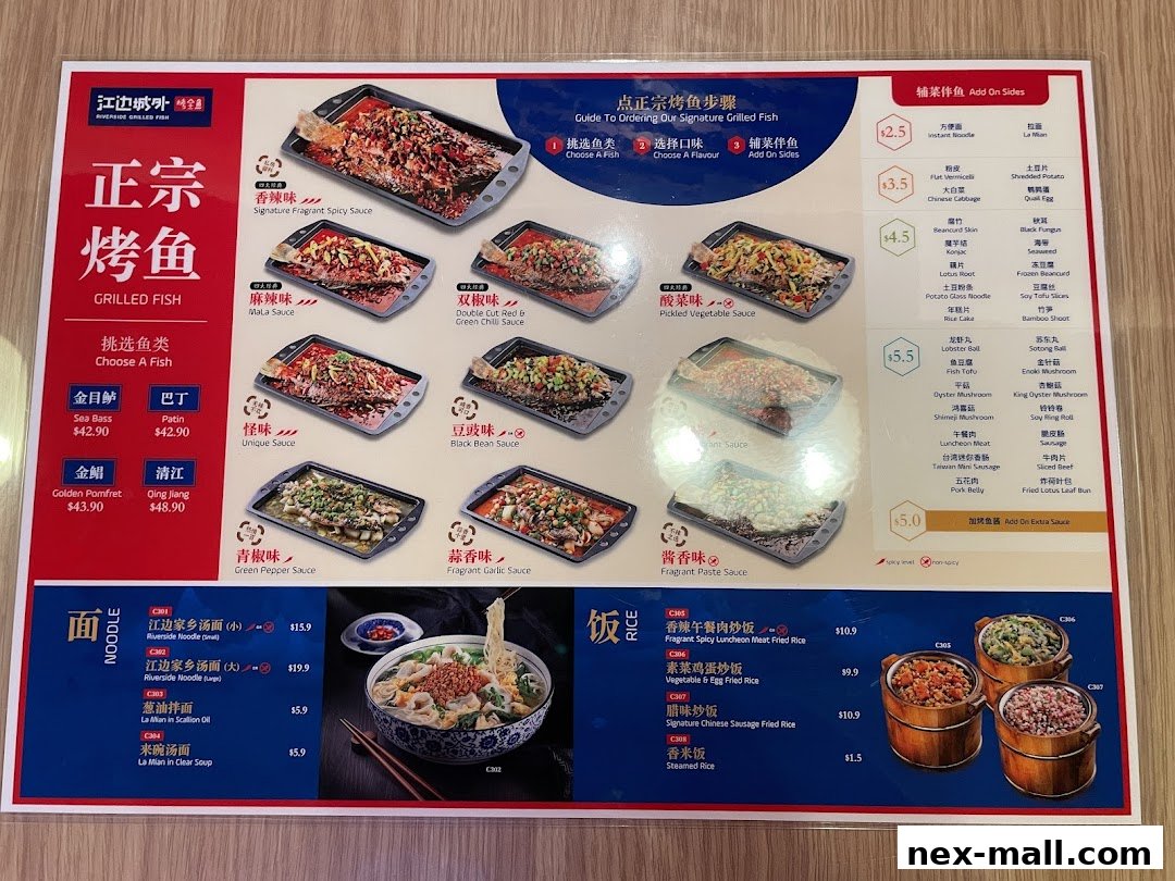 A menu for Riverside Canton Claypot Cuisine featuring grilled fish, noodles, and rice dishes.