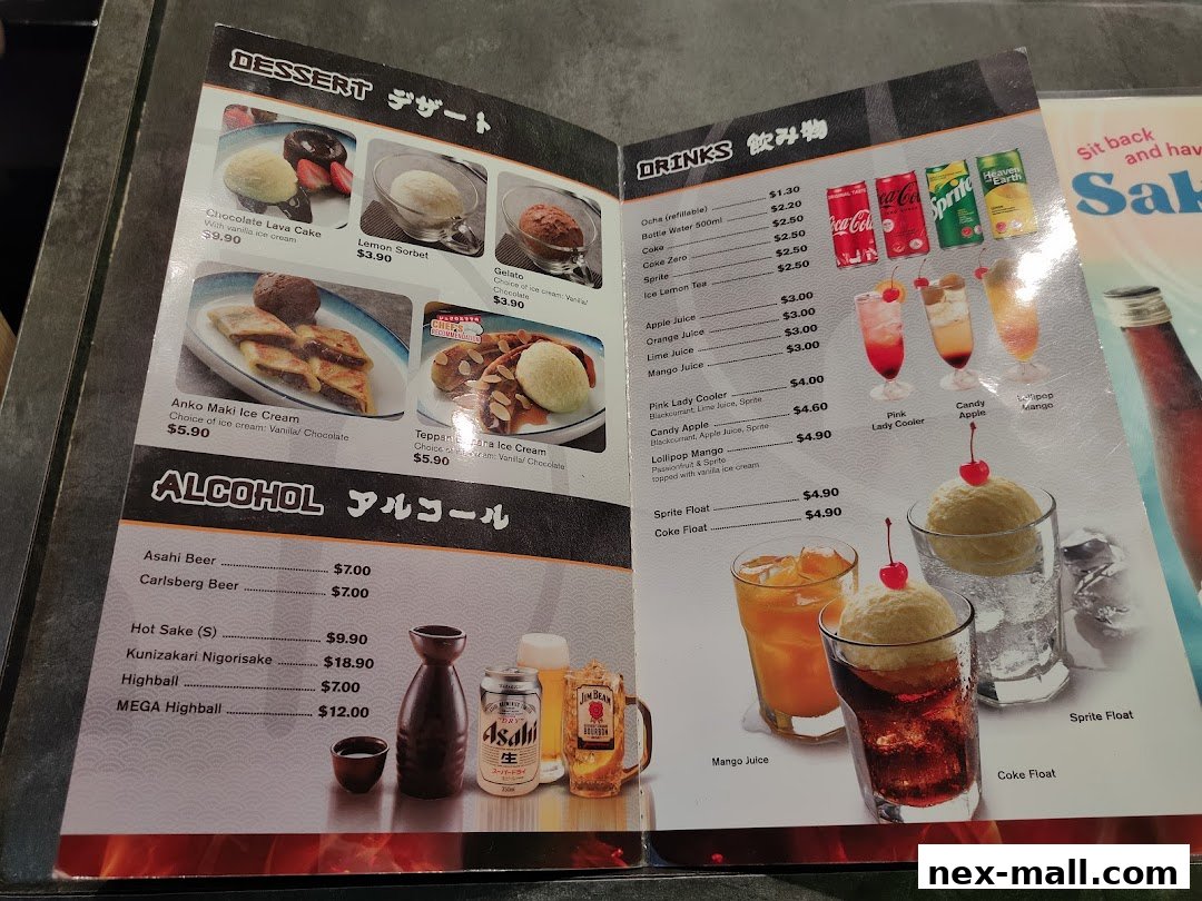 A menu featuring desserts, drinks, and alcohol with accompanying images.