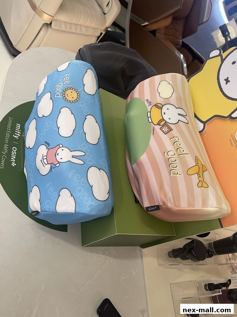 OSIM Nex shop displays Miffy-themed covers for massage chairs and accessories.