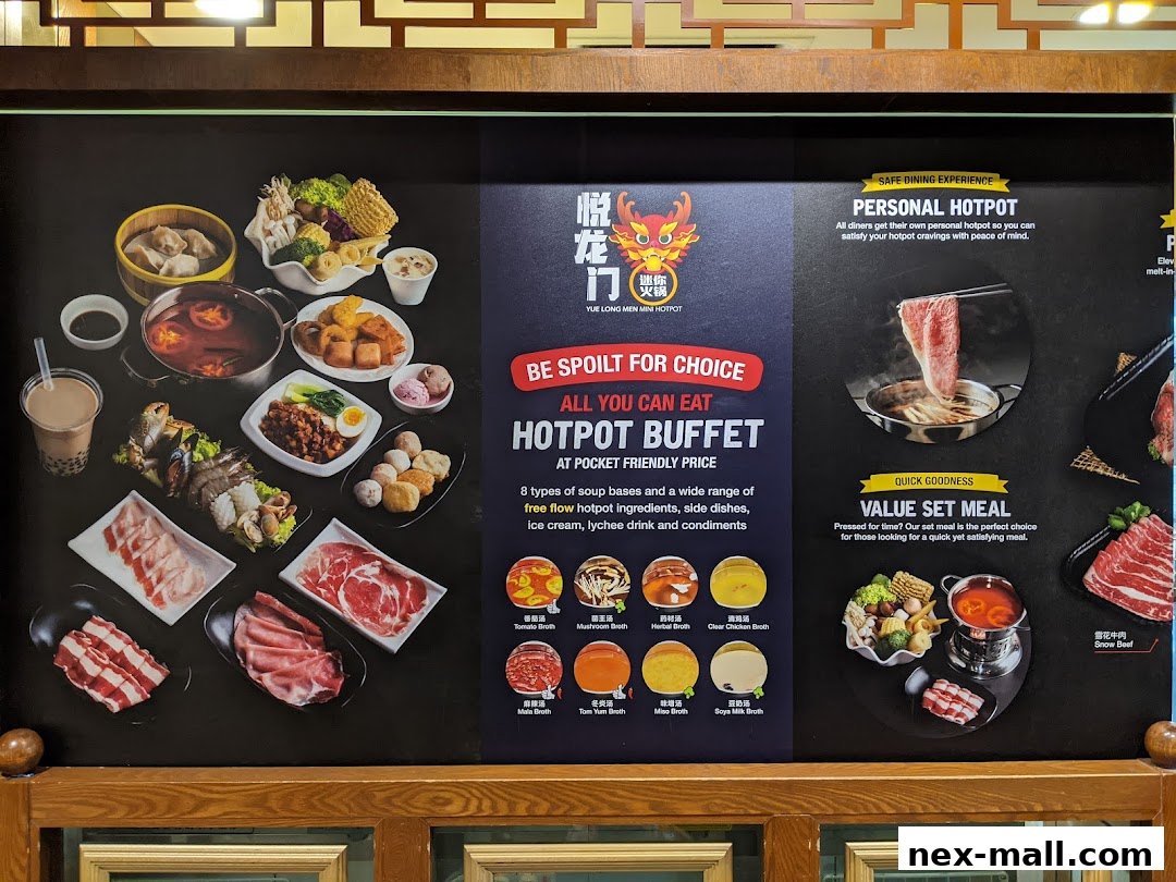 A menu board showcasing a hotpot buffet with various ingredients and soup bases.
