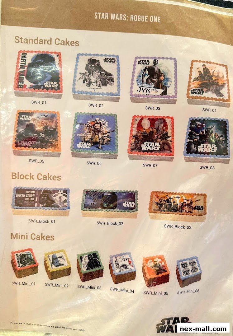 A catalog of Star Wars themed cakes, including standard, block, and mini sizes.