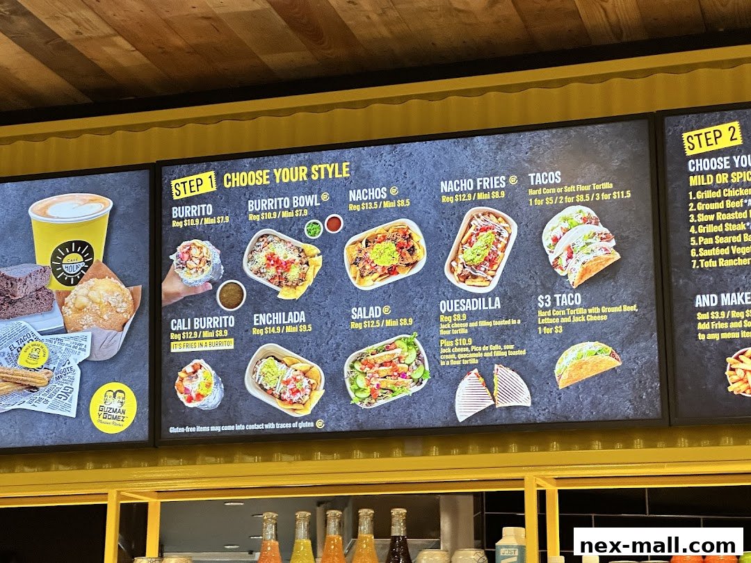 A digital menu board displaying various Mexican food options and their prices.