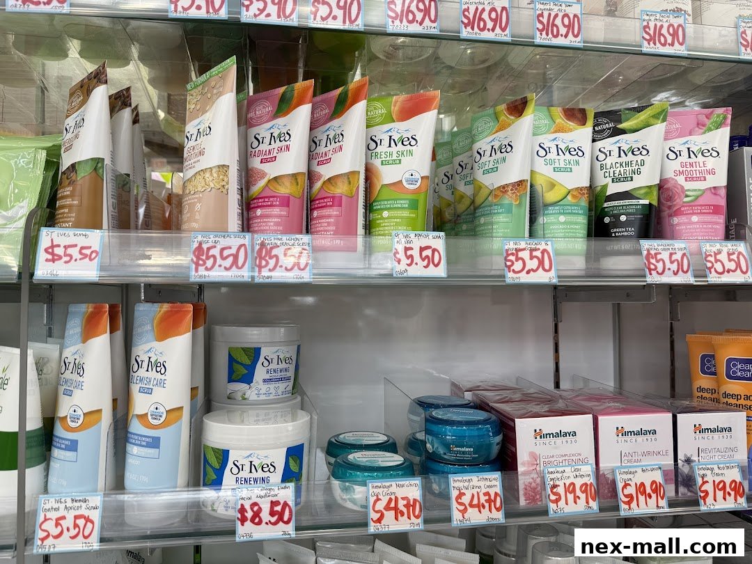 Shelves stocked with various St. Ives and Himalaya skincare products, including scrubs and creams.