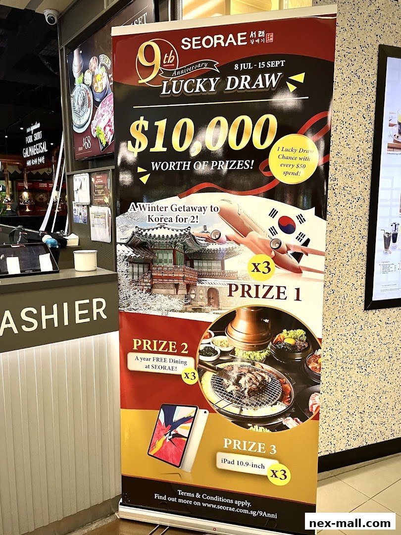 A promotional banner for SEORAE JIB NEX's 9th Anniversary Lucky Draw with prizes including a trip to Korea and free dining.