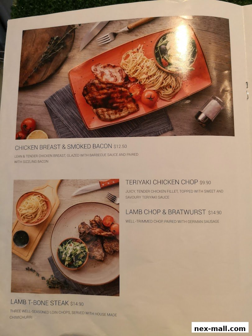 A menu page showcasing various meat dishes with accompanying sides and descriptions.