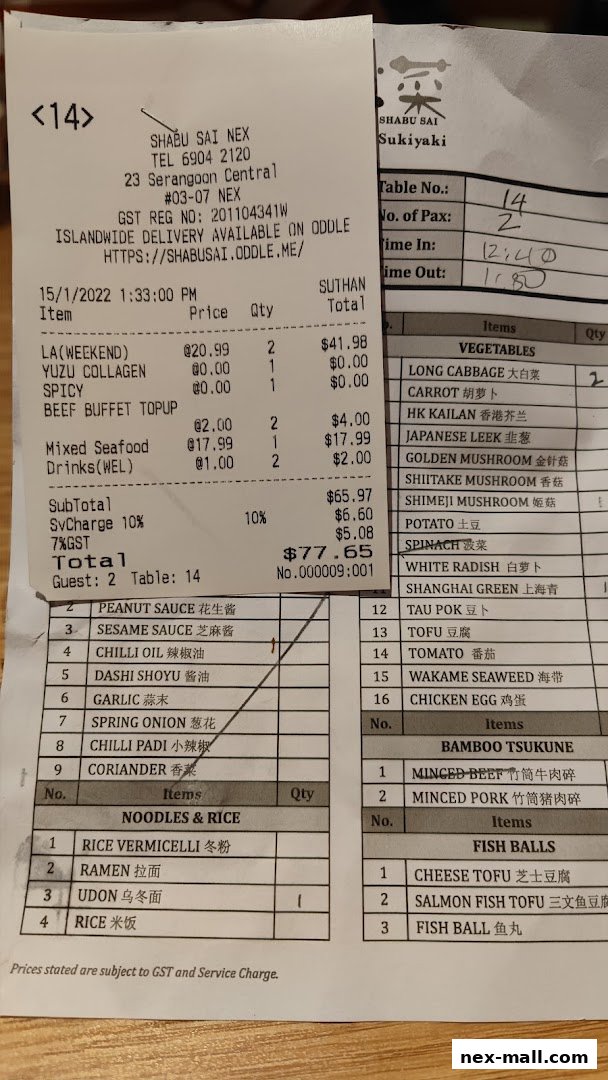A receipt and order sheet from Shabu Sai, detailing food items and prices.