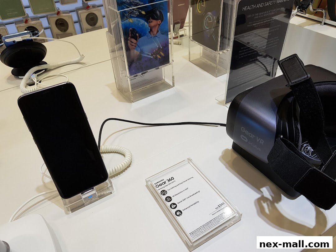 Samsung Gear VR headset and smartphone on display with product information.