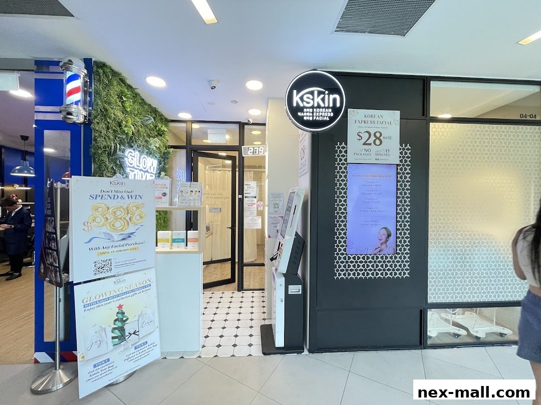 The entrance of Kskin Korean Express Facial with promotional posters and a glowing sign.