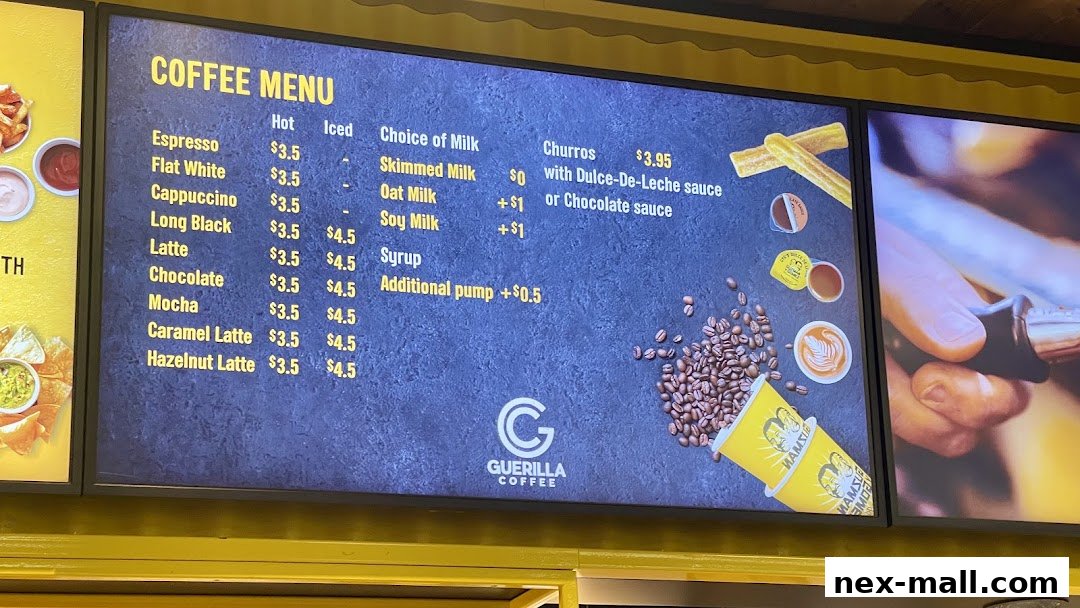 A digital menu board displaying a coffee menu with various hot and iced coffee options, milk choices, and churros.
