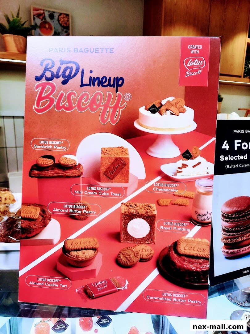 A display of various Lotus Biscoff flavored pastries and desserts from Paris Baguette.
